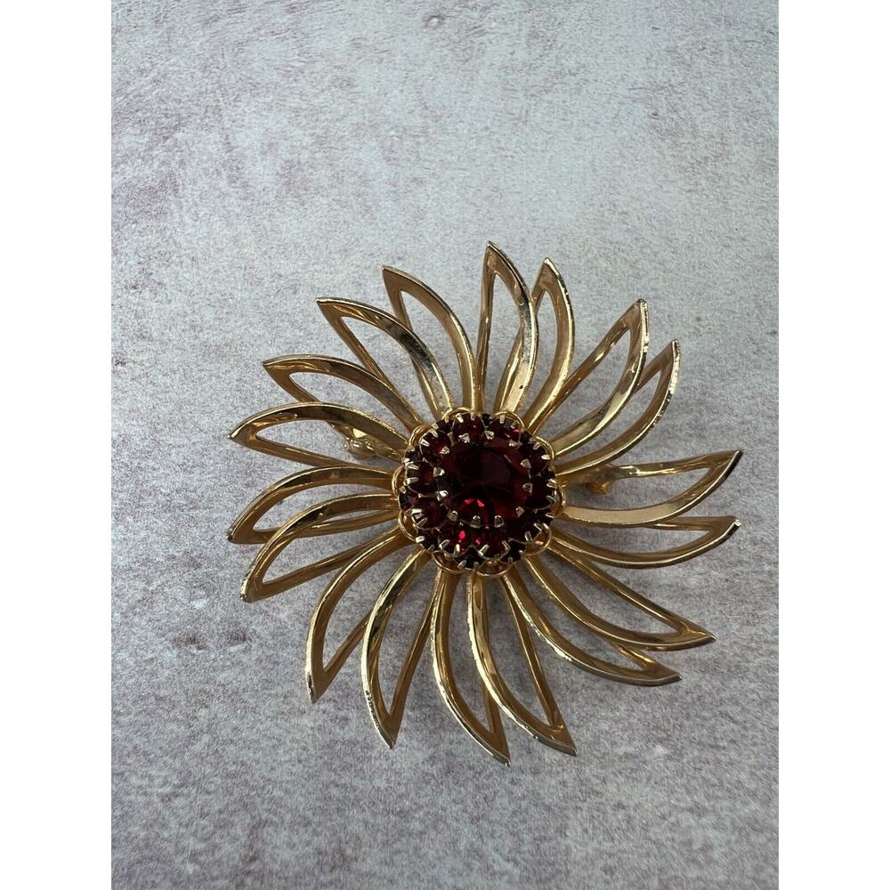 Sarah Coventry Women's Ruby‎ Red Crystal Gold-Tone Curved Flower Brooch Pin